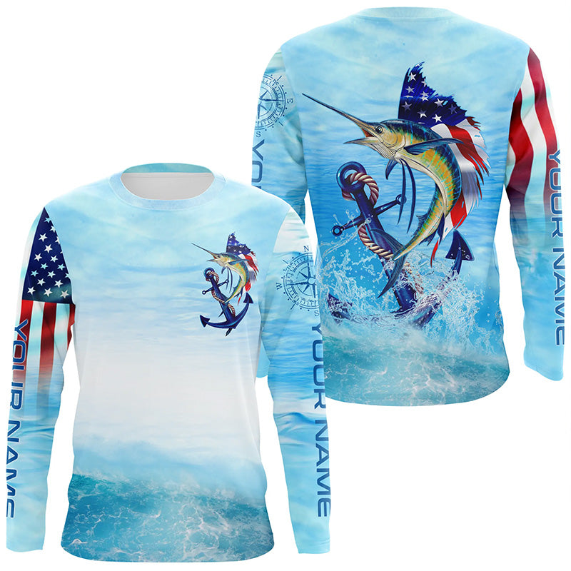 Sailfish fishing blue water anchor compass American flag custom long sleeve deep sea Fishing NQS5972