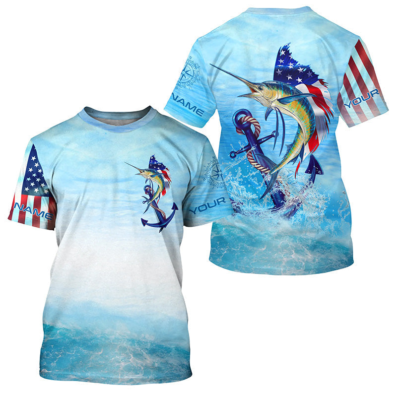 Sailfish fishing blue water anchor compass American flag custom long sleeve deep sea Fishing NQS5972