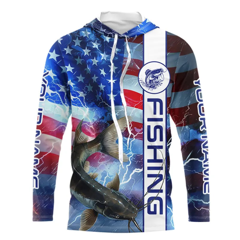 American flag Catfish lightning Long Sleeve Fishing custom Patriotic Catfish fishing NQS9560