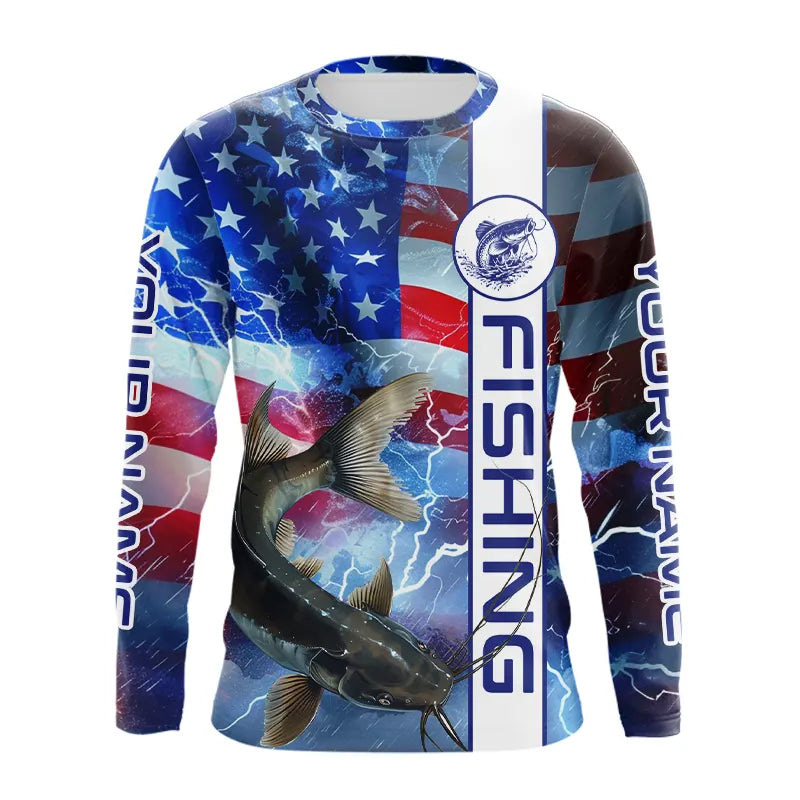 American flag Catfish lightning Long Sleeve Fishing custom Patriotic Catfish fishing NQS9560