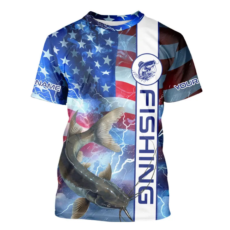 American flag Catfish lightning Long Sleeve Fishing custom Patriotic Catfish fishing NQS9560