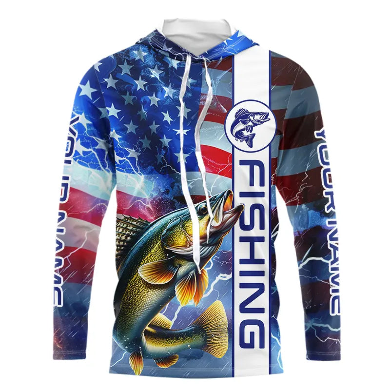 American Flag Walleye lightning Long Sleeve Fishing custom Patriotic Walleye fishing NQS9561