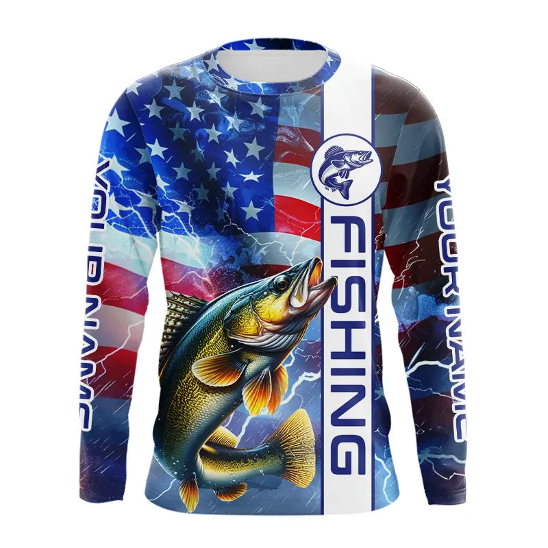 American Flag Walleye lightning Long Sleeve Fishing custom Patriotic Walleye fishing NQS9561
