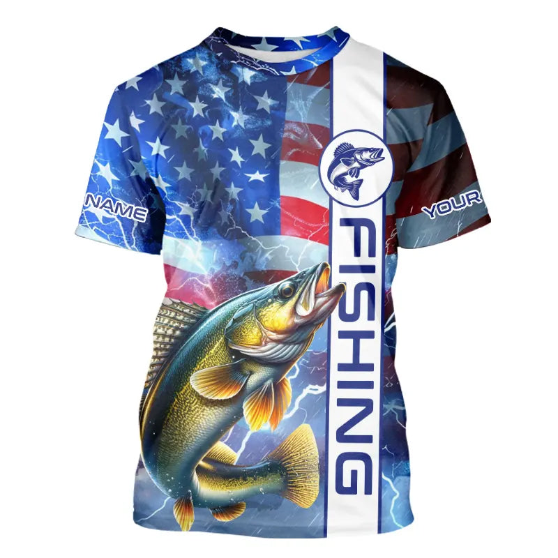 American Flag Walleye lightning Long Sleeve Fishing custom Patriotic Walleye fishing NQS9561