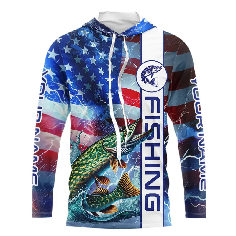 American Flag Northern Pike lightning Long Sleeve Fishing custom Patriotic Pike fishing NQS9562