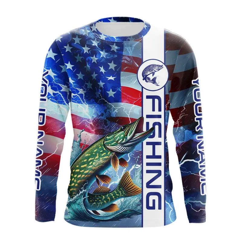 American Flag Northern Pike lightning Long Sleeve Fishing custom Patriotic Pike fishing NQS9562
