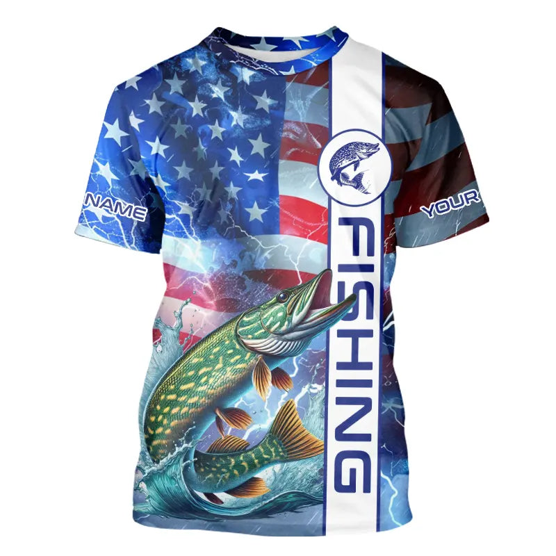 American Flag Northern Pike lightning Long Sleeve Fishing custom Patriotic Pike fishing NQS9562