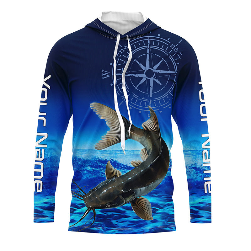 Personalized Catfish Blue Long Sleeve Performance Fishing, compass Catfish tournament NQS5984