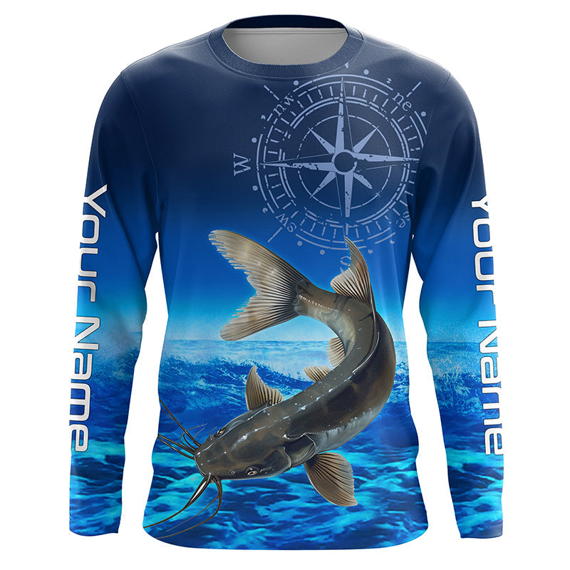 Personalized Catfish Blue Long Sleeve Performance Fishing, compass Catfish tournament NQS5984