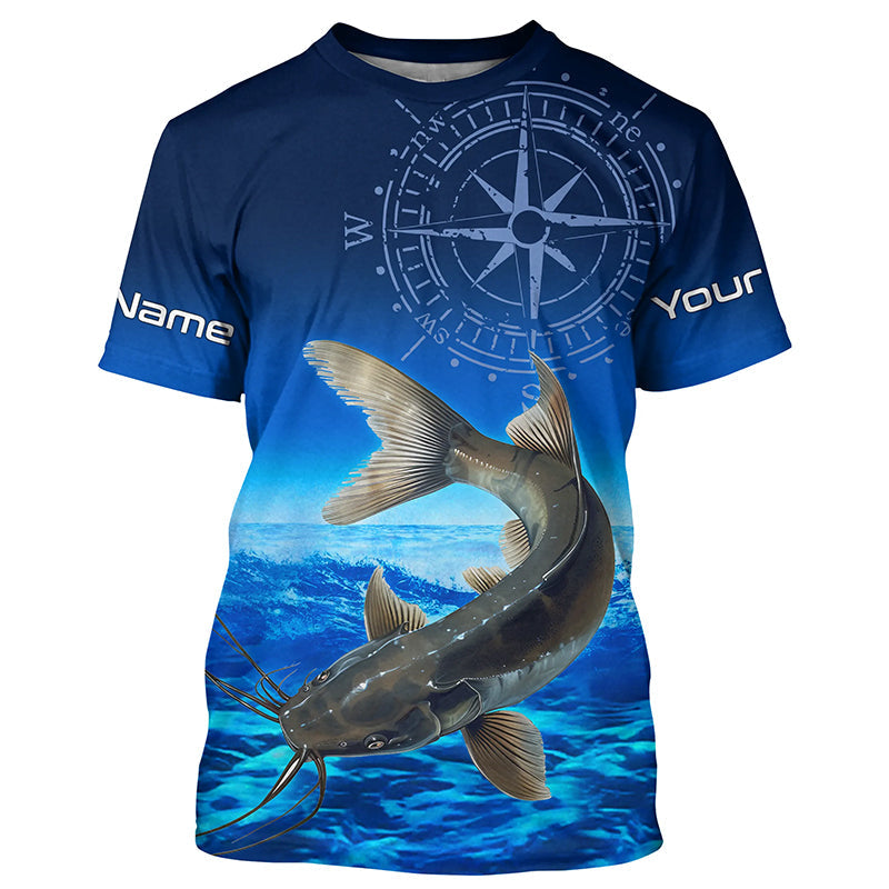 Personalized Catfish Blue Long Sleeve Performance Fishing, compass Catfish tournament NQS5984