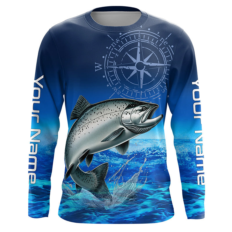 Personalized Chinook salmon Blue Long Sleeve Performance Fishing, compass tournament NQS5986