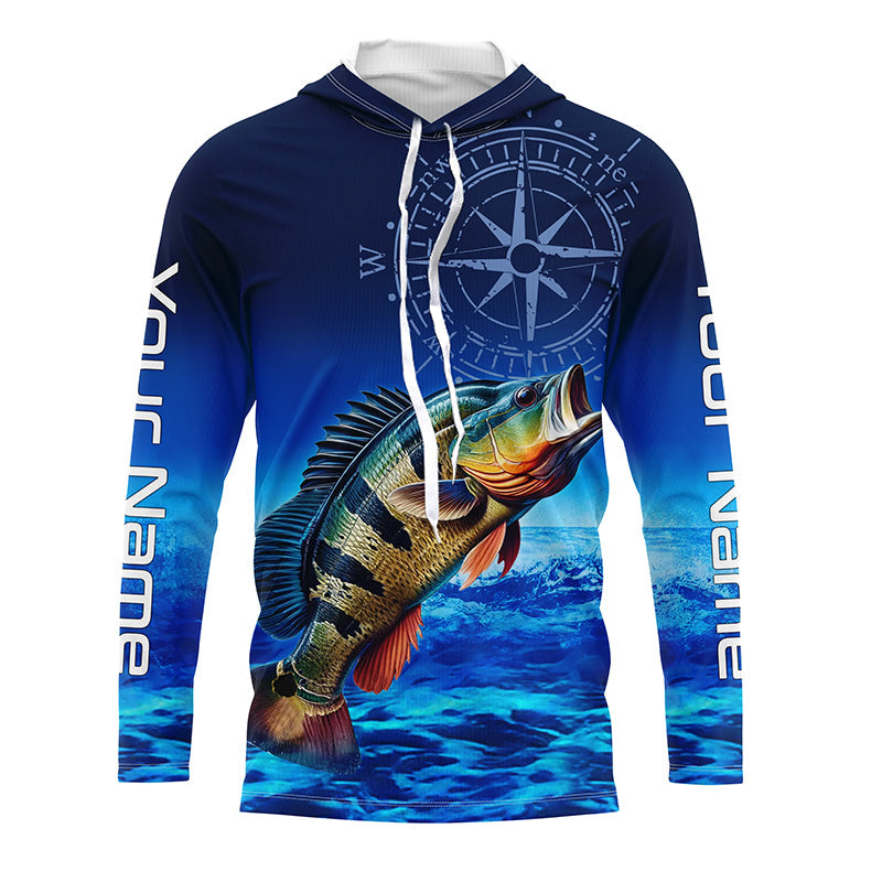 Personalized Peacock Bass Blue Long Sleeve Performance Fishing, compass Bass tournament NQS5987