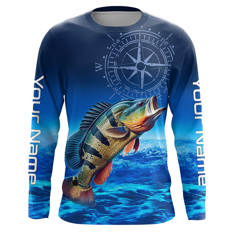 Personalized Peacock Bass Blue Long Sleeve Performance Fishing, compass Bass tournament NQS5987
