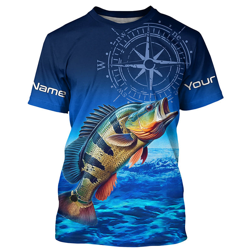 Personalized Peacock Bass Blue Long Sleeve Performance Fishing, compass Bass tournament NQS5987