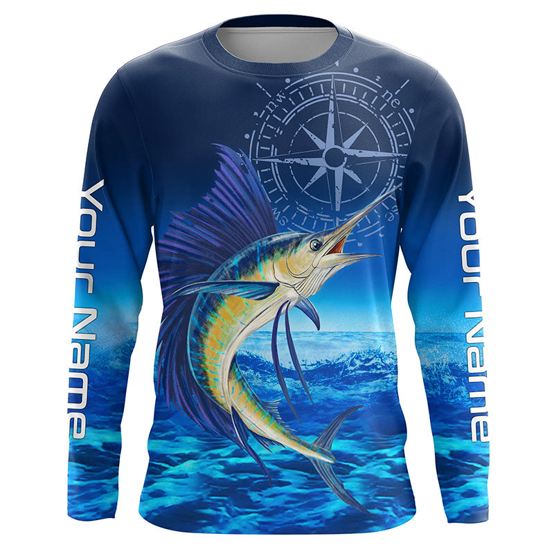 Personalized Sailfish Saltwater Blue Long Sleeve Performance Fishing, Sailfish tournament NQS5784