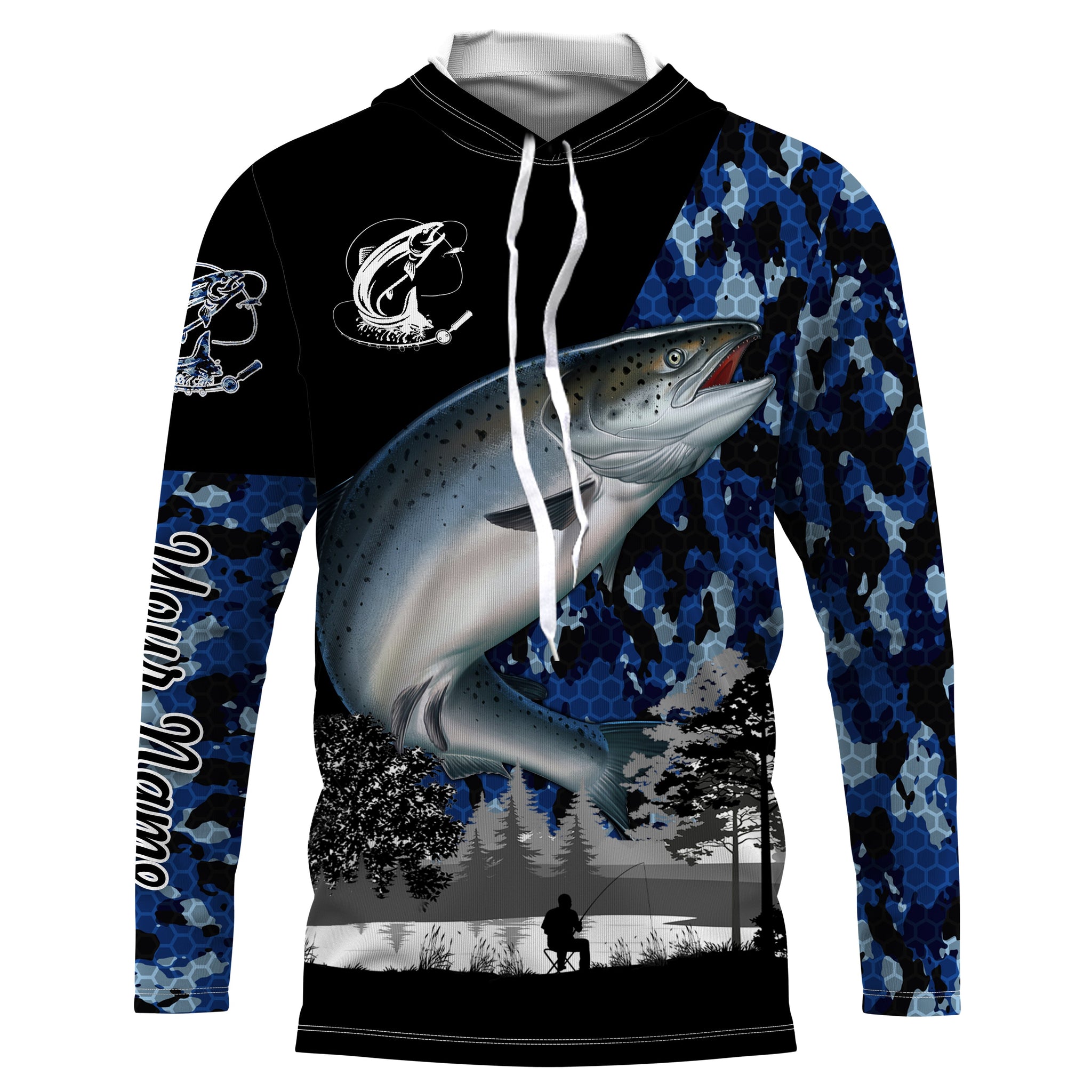 Chinook Salmon (King salmon) Fish blue camo Custom name performance anti UV long sleeve fishing NQS3629