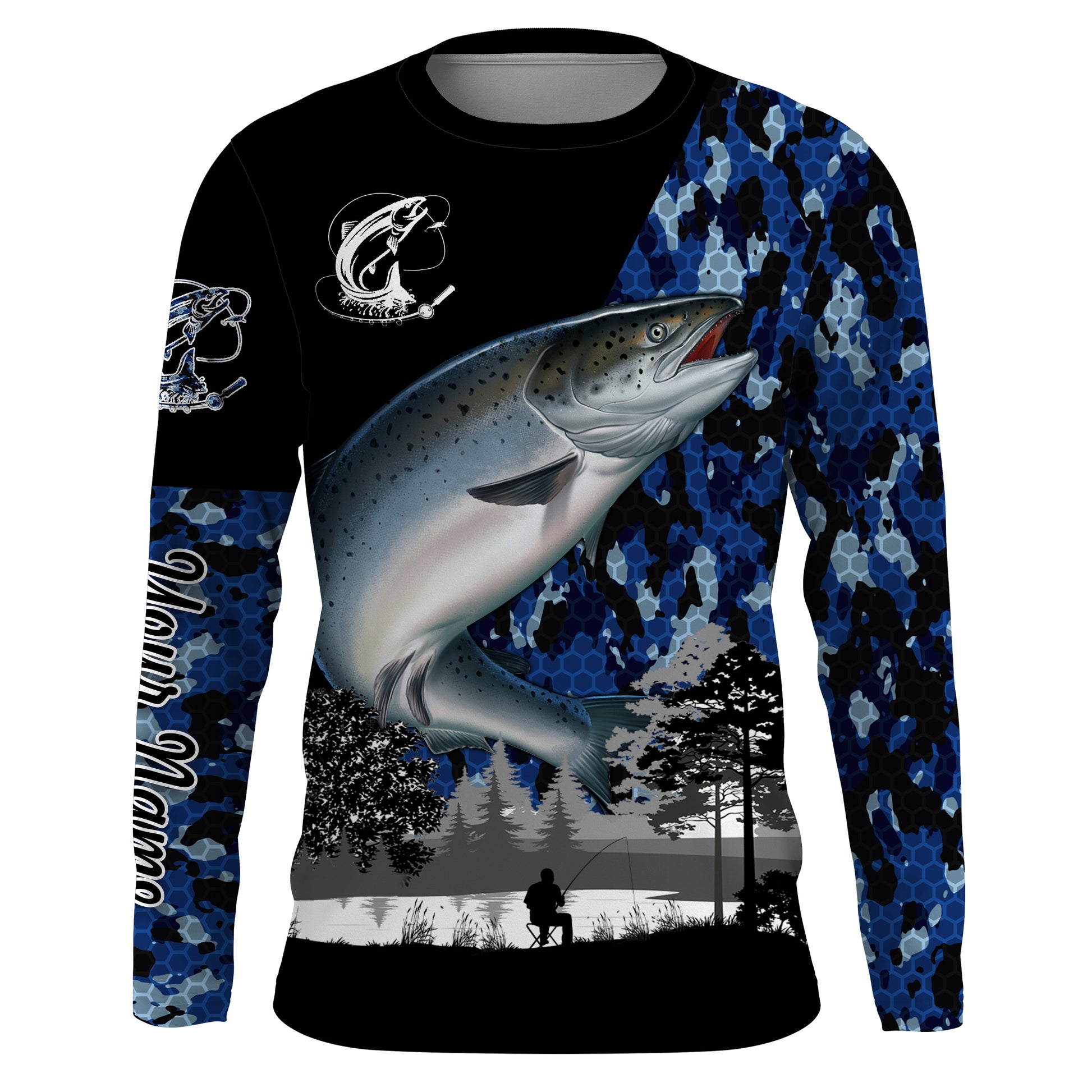Chinook Salmon (King salmon) Fish blue camo Custom name performance anti UV long sleeve fishing NQS3629