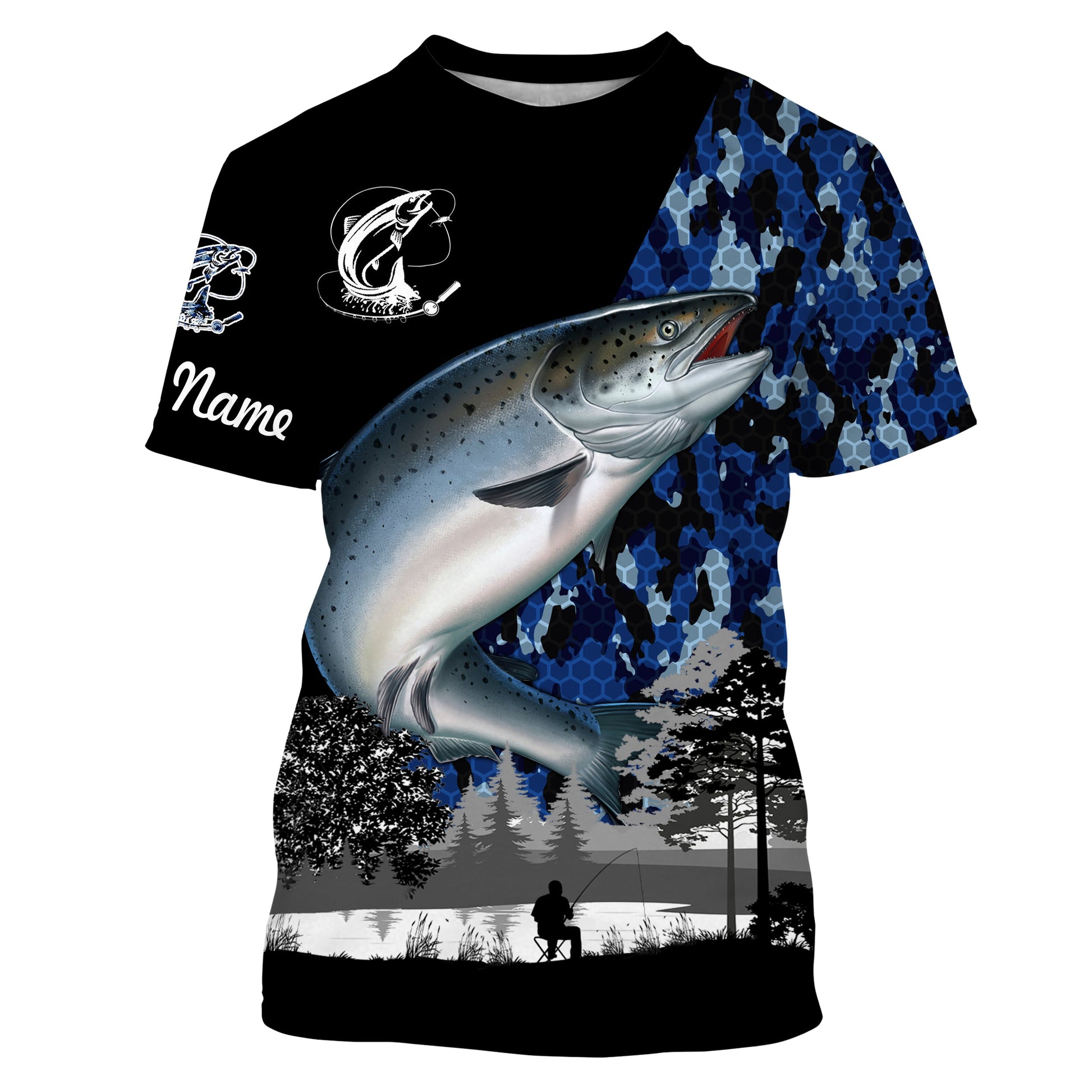 Chinook Salmon (King salmon) Fish blue camo Custom name performance anti UV long sleeve fishing NQS3629