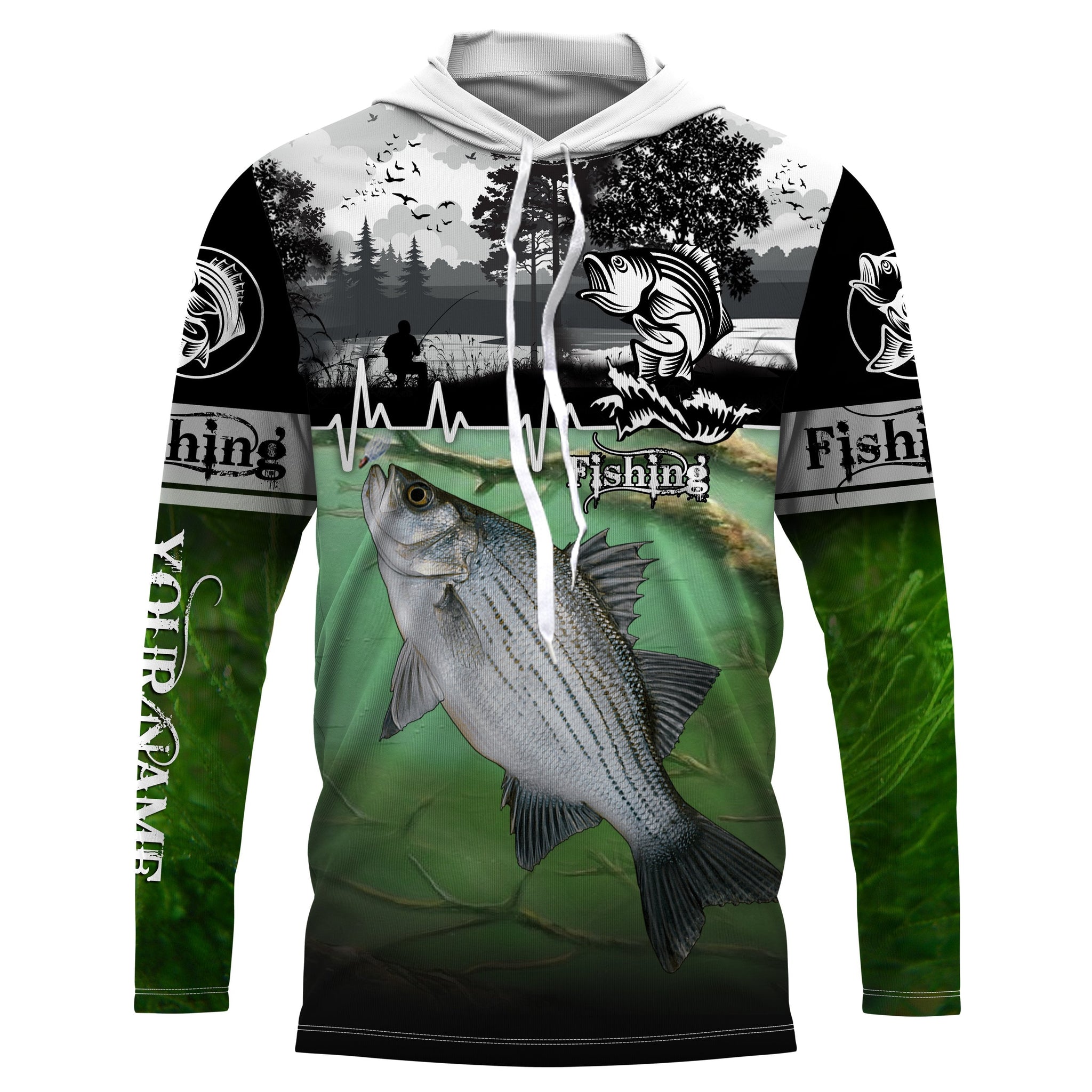 White bass Fishing freshwater fish UV protection quick dry Custom name long sleeves UPF 30+ fishing for adult and Kid NQS2660