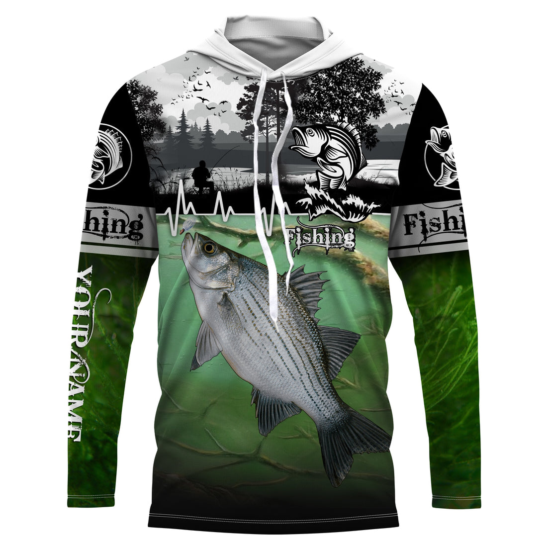 White bass Fishing freshwater fish UV protection quick dry Custom name long sleeves UPF 30+ fishing for adult and Kid NQS2660