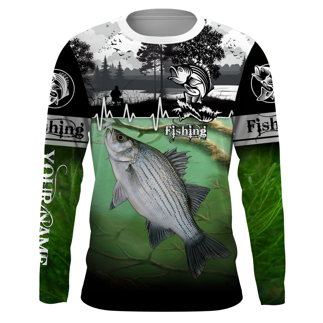 White bass Fishing freshwater fish UV protection quick dry Custom name long sleeves UPF 30+ fishing for adult and Kid NQS2660