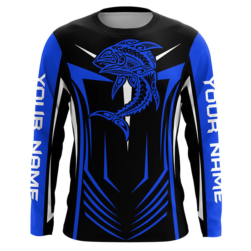Tribal Tuna Fishing tattoo custom performance Long Sleeve tournament fishing | Blue NQS6433