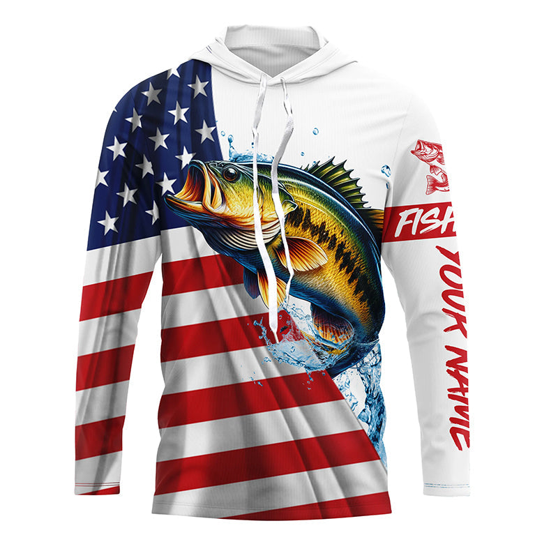 American flag patriotic largemouth bass fishing Custom Name 3D UV Protection long sleeve Fishing NQS5304