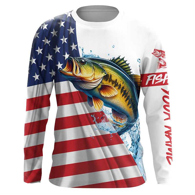 American flag patriotic largemouth bass fishing Custom Name 3D UV Protection long sleeve Fishing NQS5304