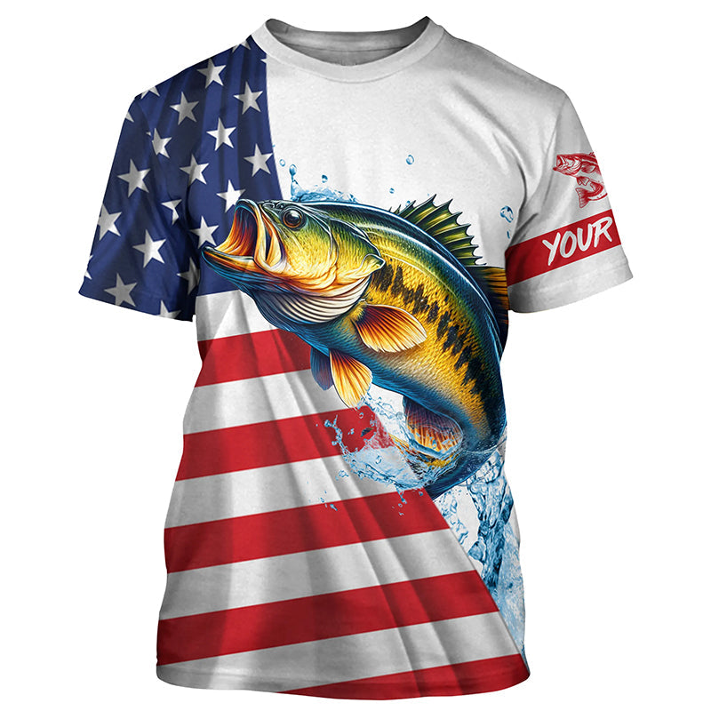 American flag patriotic largemouth bass fishing Custom Name 3D UV Protection long sleeve Fishing NQS5304