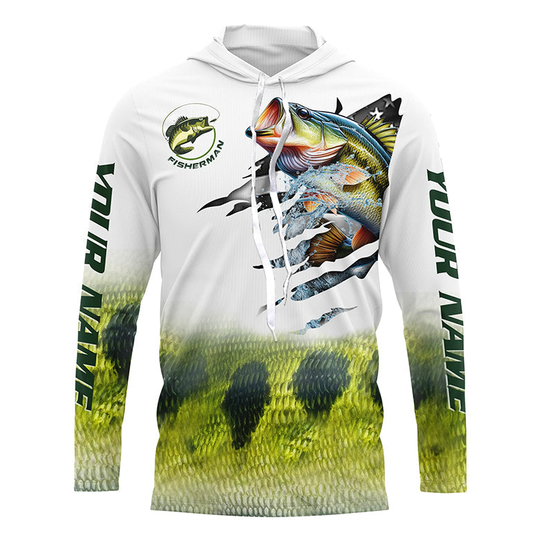 Largemouth bass fishing green scale American flag patriot Customize name long sleeves UV fishing NQS1855