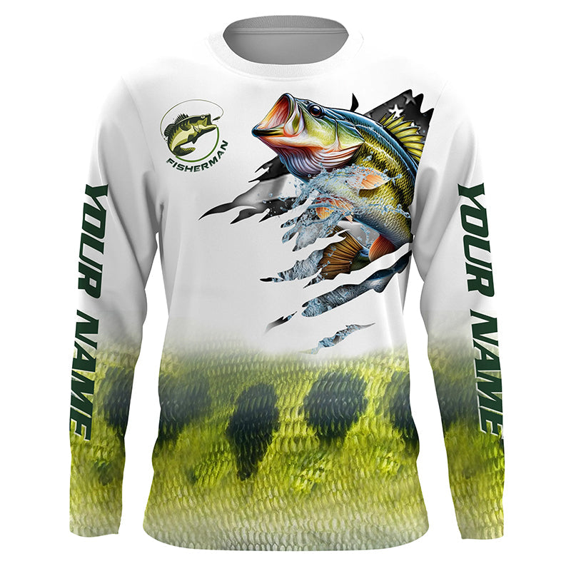 Largemouth bass fishing green scale American flag patriot Customize name long sleeves UV fishing NQS1855