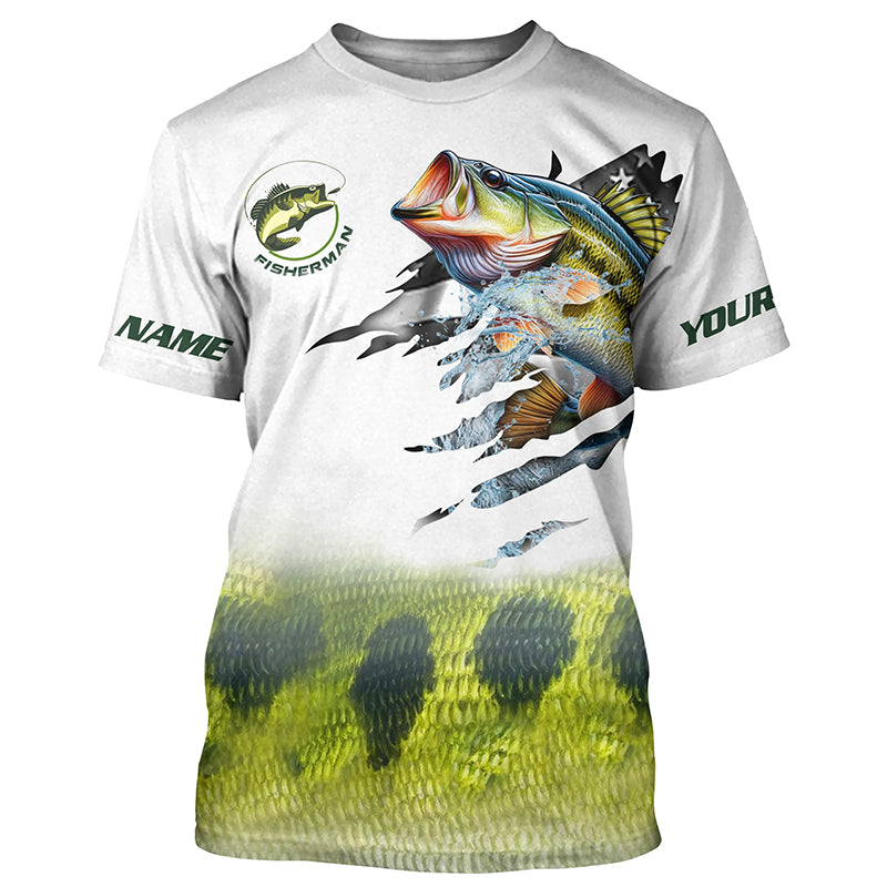 Largemouth bass fishing green scale American flag patriot Customize name long sleeves UV fishing NQS1855