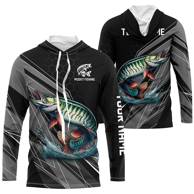 Personalized Black camo Musky Fishing, Muskie Long Sleeve Fishing Tournament NQS8770