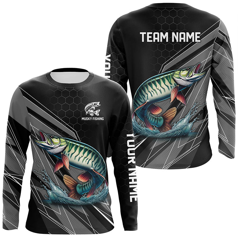 Personalized Black camo Musky Fishing, Muskie Long Sleeve Fishing Tournament NQS8770