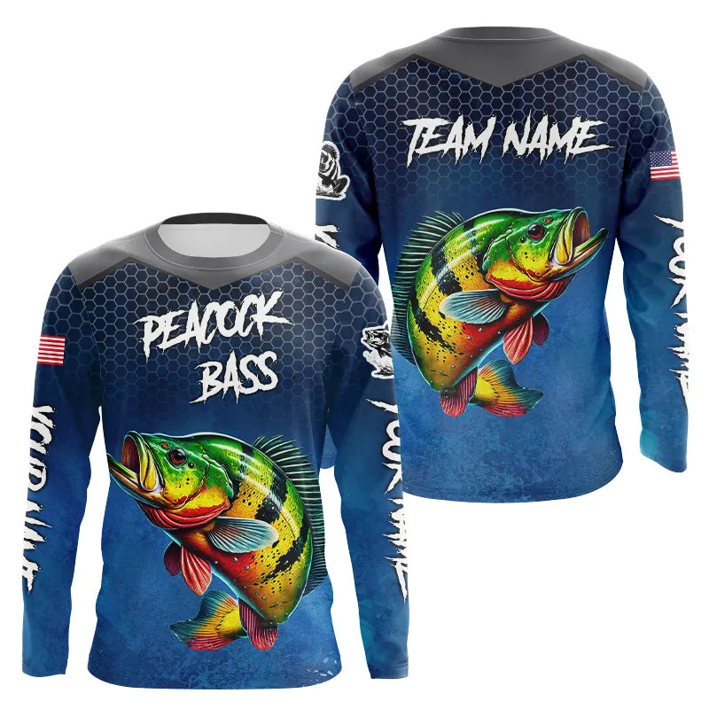 Blue camo Peacock Bass fishing Custom performance long sleeve team Bass fishing tournament NQS9240
