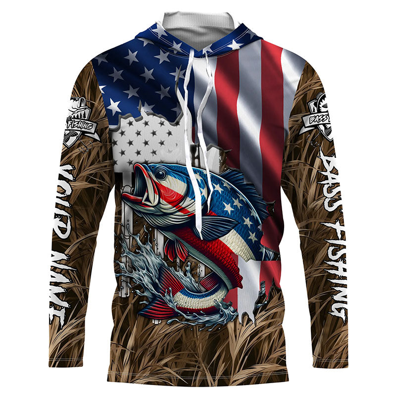 American flag patriotic Largemouth Bass camo fishing, custom long sleeve NQS1476