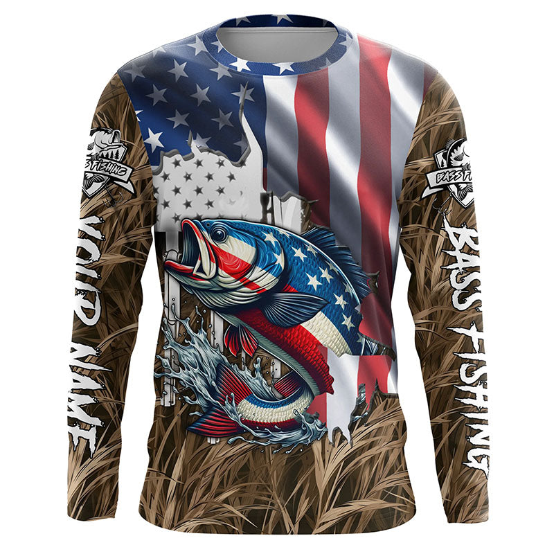 American flag patriotic Largemouth Bass camo fishing, custom long sleeve NQS1476