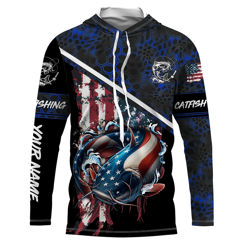 American Flag catfish fishing blue camo Custom Name Fishing UV Protection NQS3642