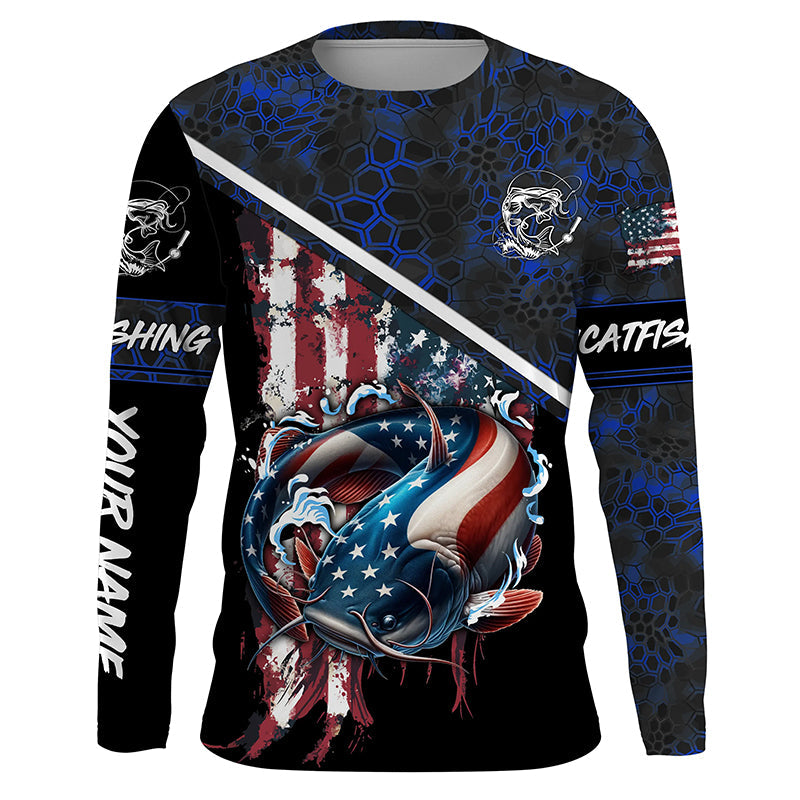 American Flag catfish fishing blue camo Custom Name Fishing UV Protection NQS3642