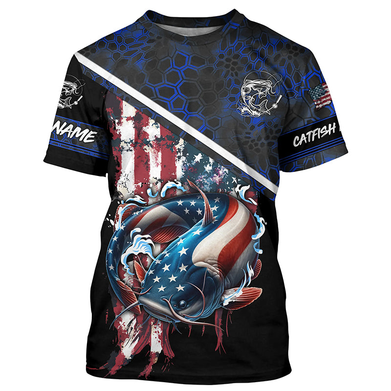 American Flag catfish fishing blue camo Custom Name Fishing UV Protection NQS3642