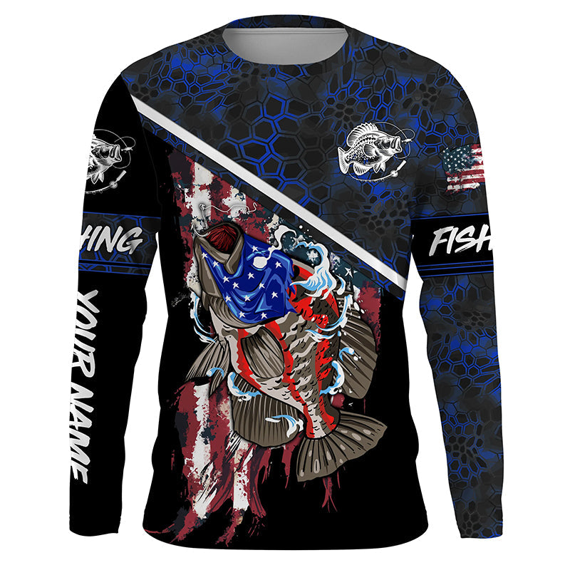 American Flag crappie fishing blue camo Custom Name UV Protection Fishing NQS3650