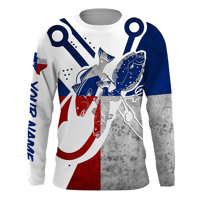 Texas inshore Slam Redfish, Trout, Flounder Custom name Texas fish hook Flag Long sleeve Fishing NQS4182
