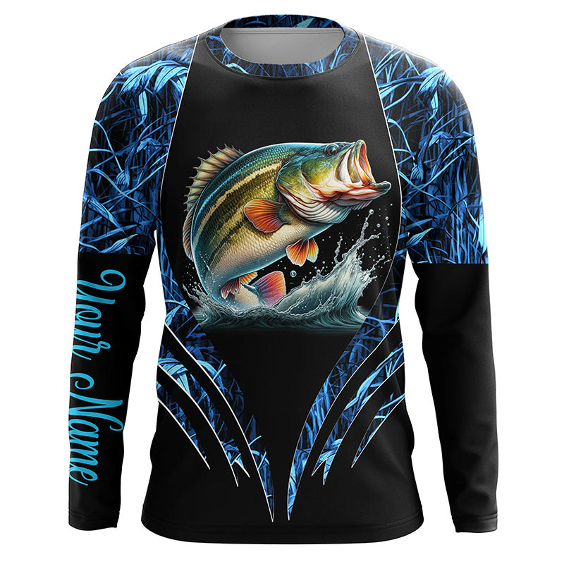 Largemouth bass fishing blue camo custom 3D All Over Printed Fishing, Bass fishing apparel NQS7898