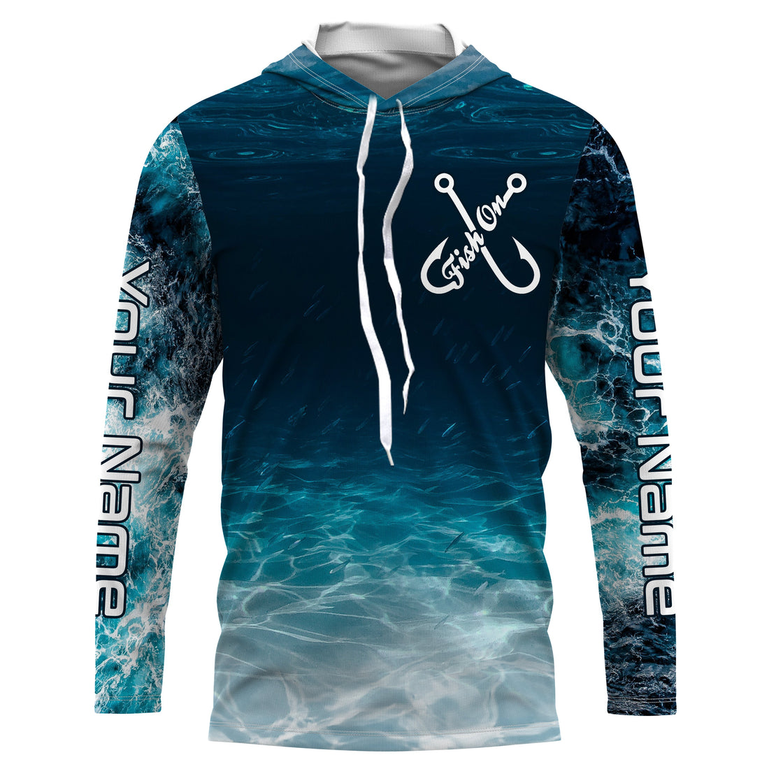 Fish on blue sea water camo Custom Name performance long sleeve fishing uv protection NQS3652