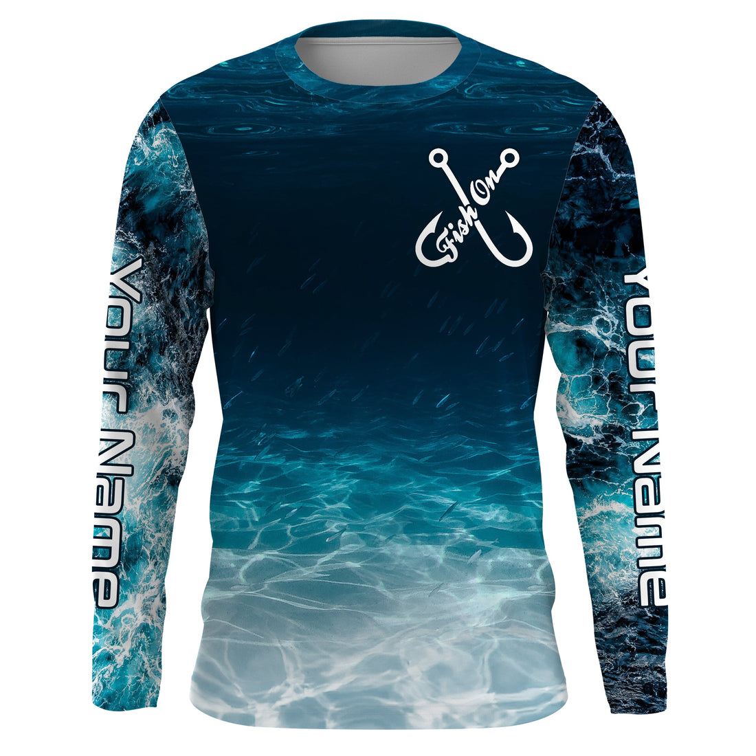 Fish on blue sea water camo Custom Name performance long sleeve fishing uv protection NQS3652