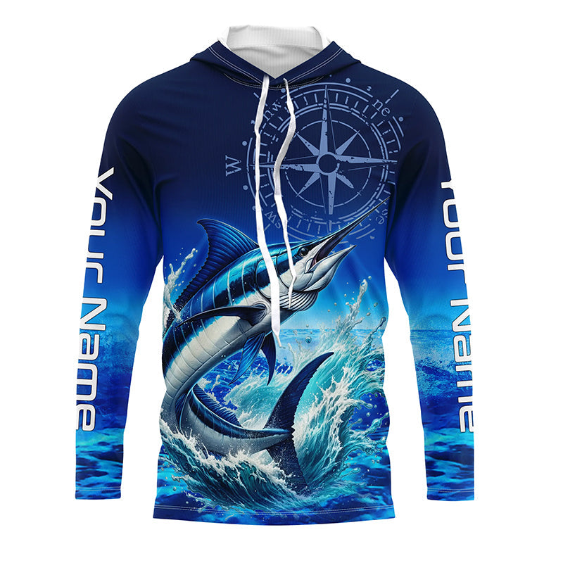 Personalized Marlin Blue Long Sleeve Performance Fishing, Marlin compass tournament NQS5816