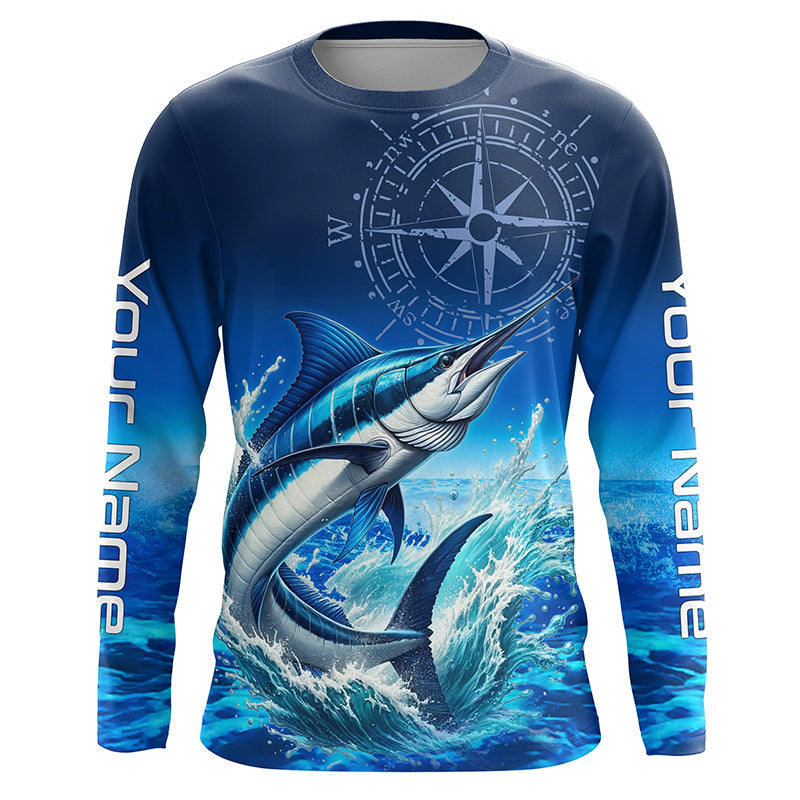 Personalized Marlin Blue Long Sleeve Performance Fishing, Marlin compass tournament NQS5816