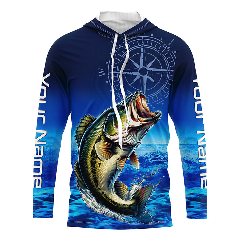 Personalized Bass Blue Long Sleeve Performance Fishing, Bass compass tournament NQS5817