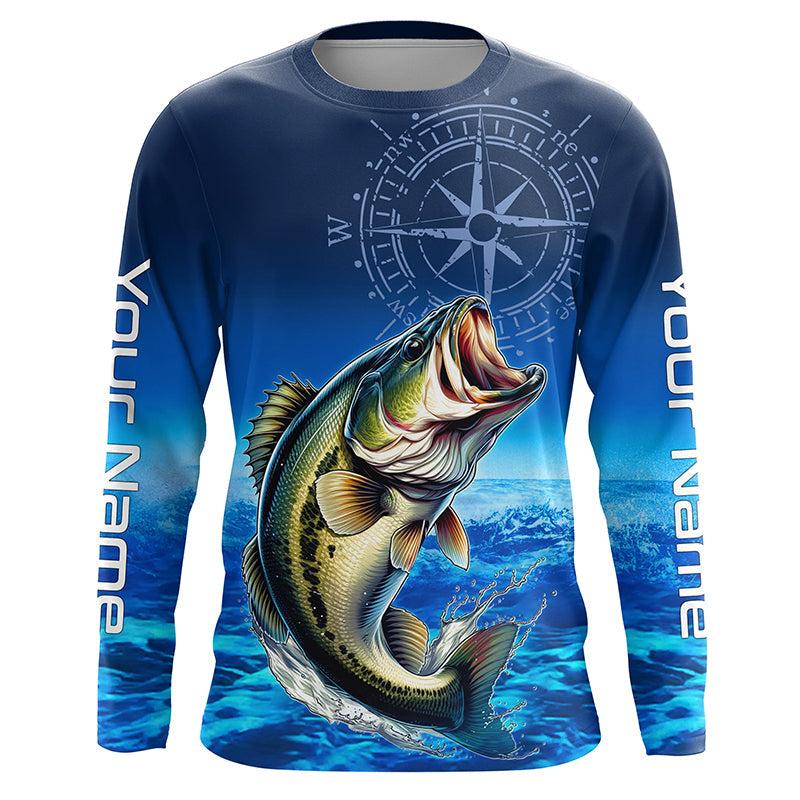 Personalized Bass Blue Long Sleeve Performance Fishing, Bass compass tournament NQS5817