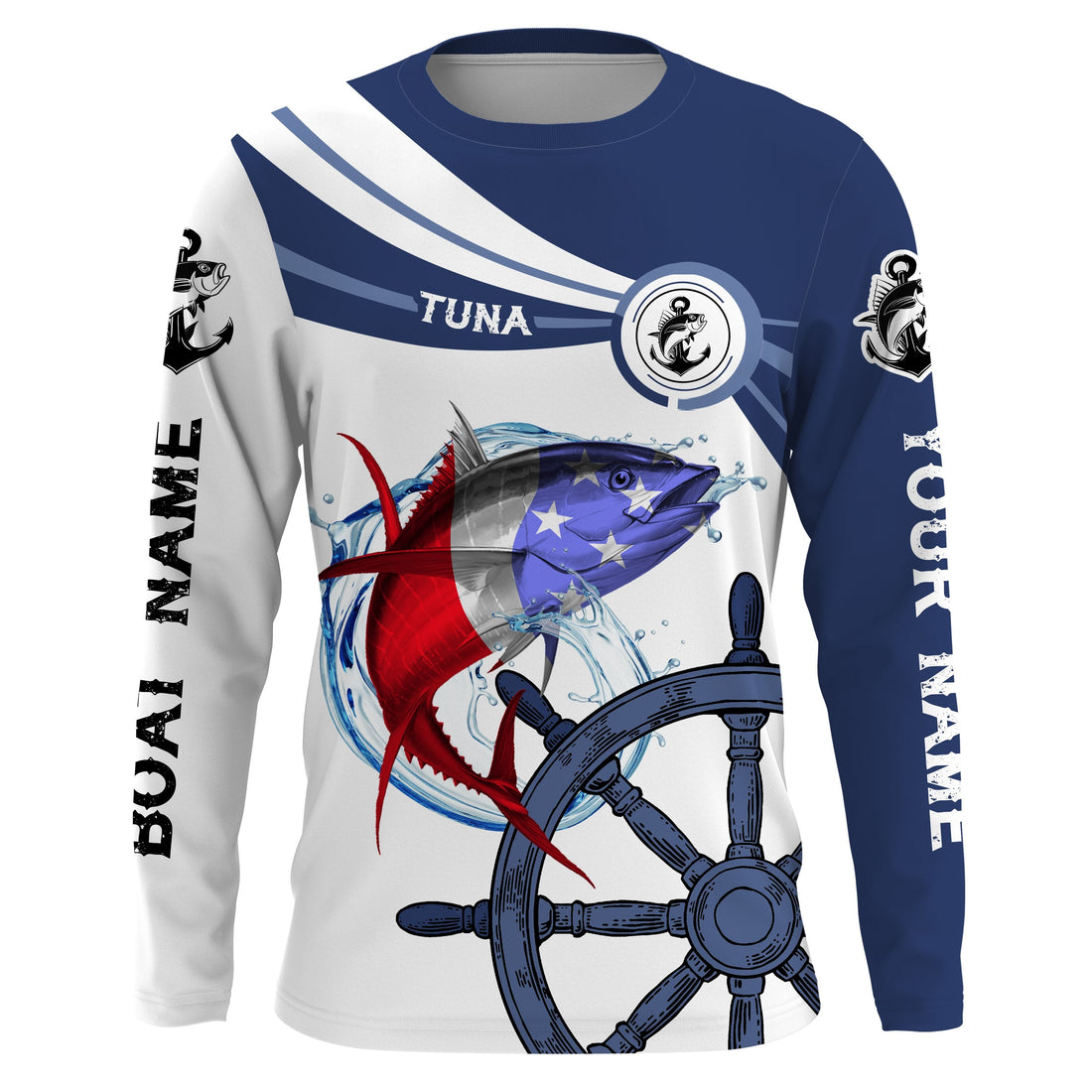 Tuna Fishing American Flag Custom name and boat name performance Long Sleeve Fishing, Patriotic Fishing gifts - NQS2412